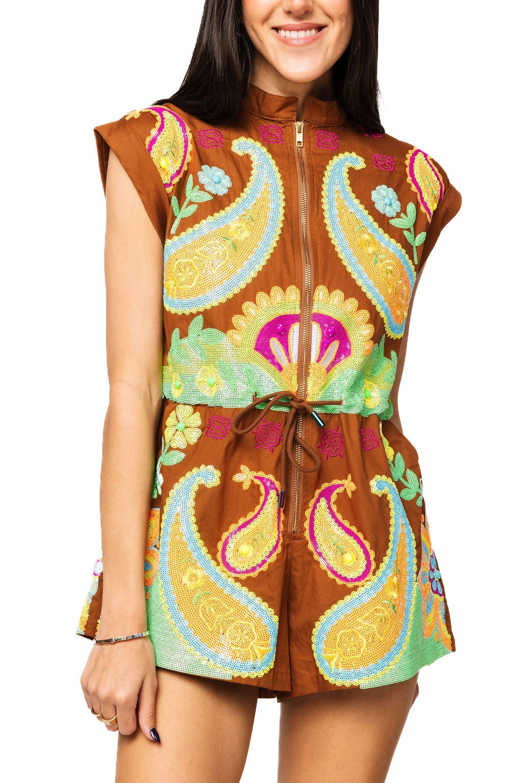 QOS Brown & Neon Paisley ZIp Up Romper