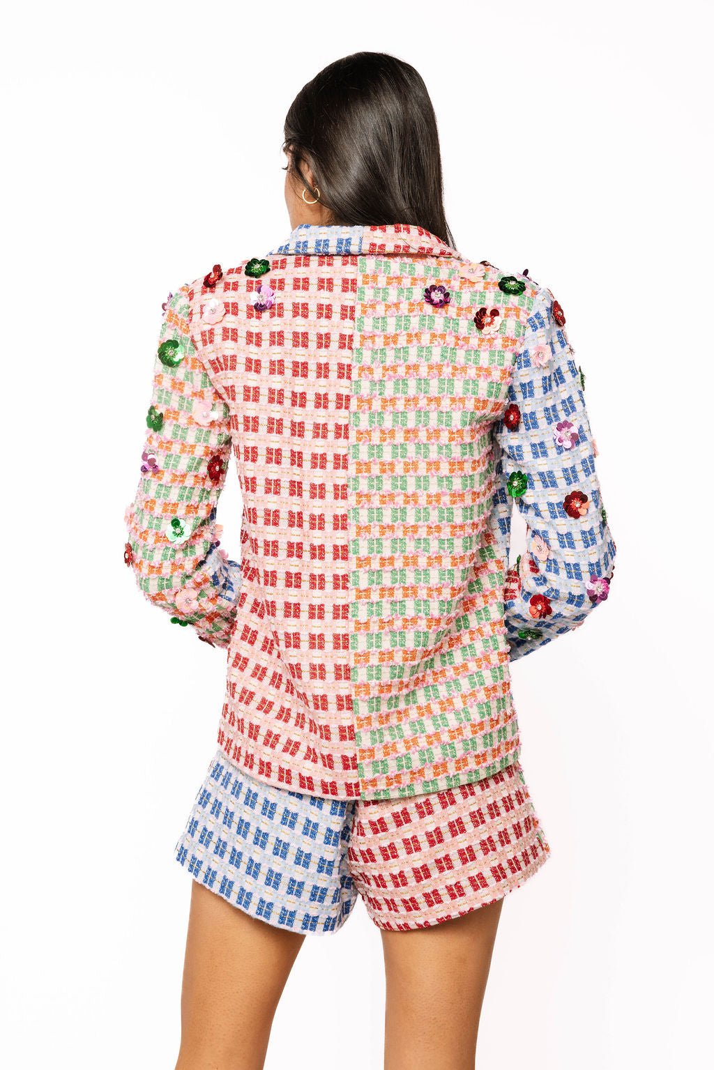 QOS Colorblock Tweed Flower Sleeve Blazer