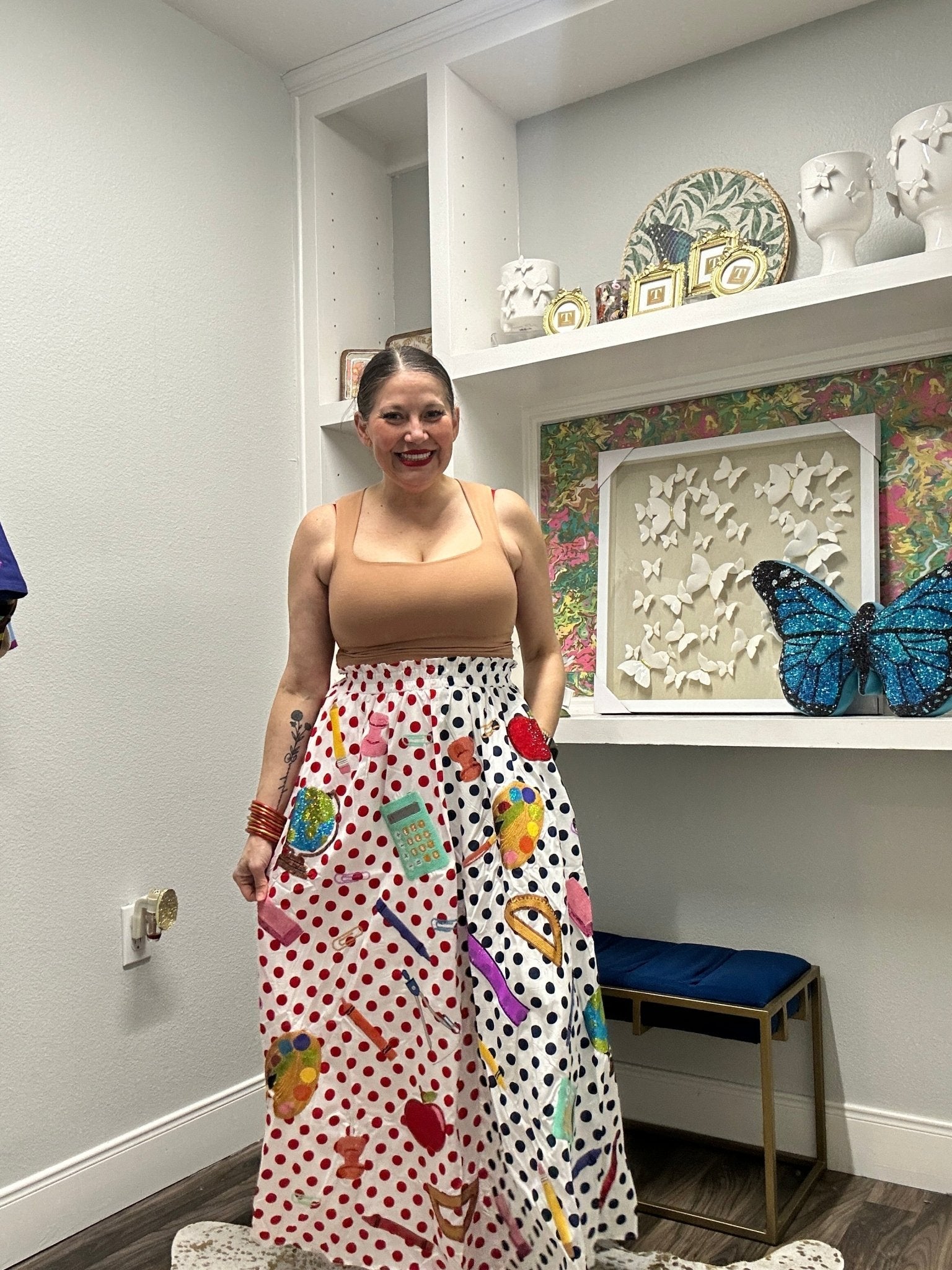 QOS Colorful Polka Dot School Supplies Icon Midi Skirt