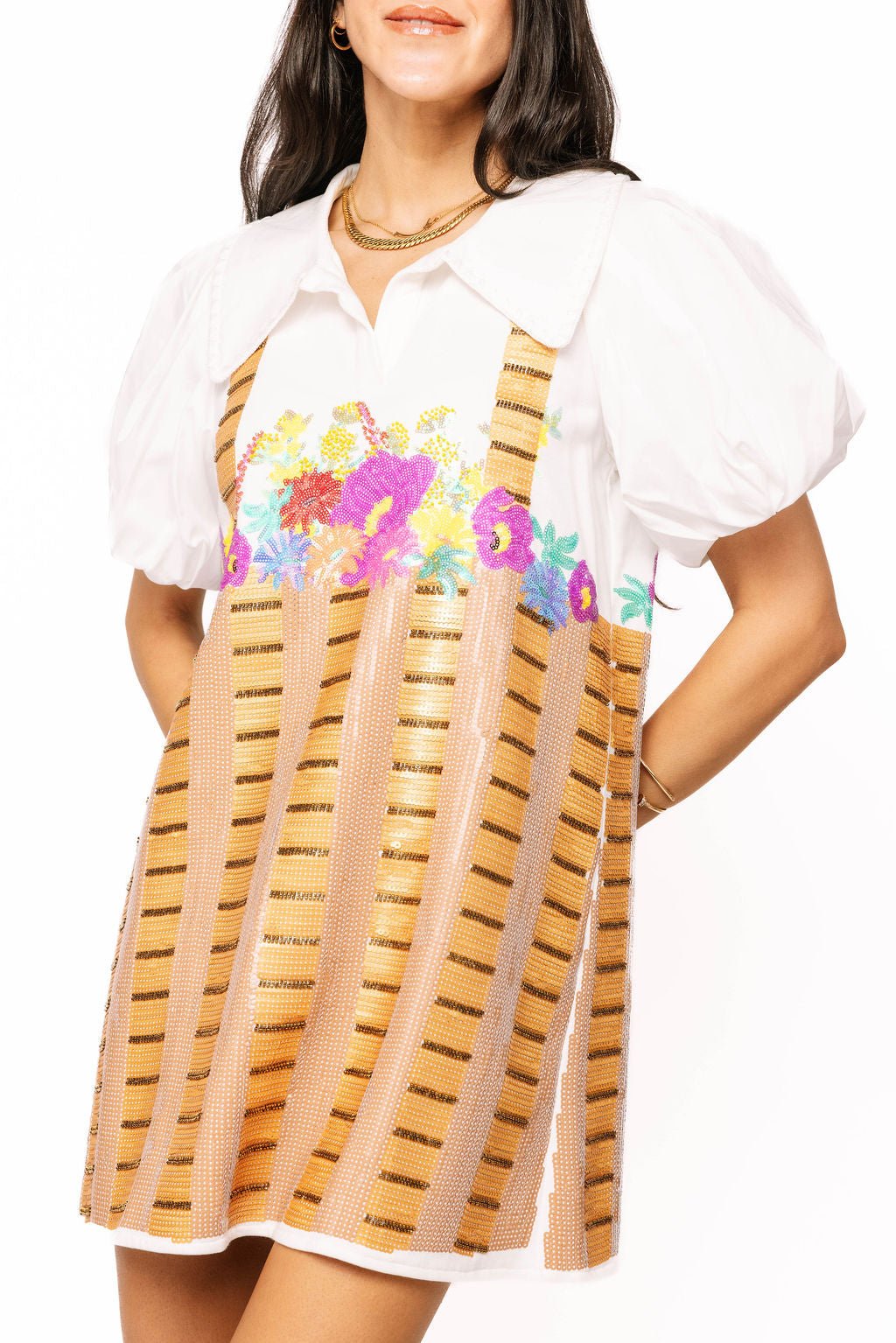 QOS Cotton Poof Sleeve Easter Basket Tee Dress