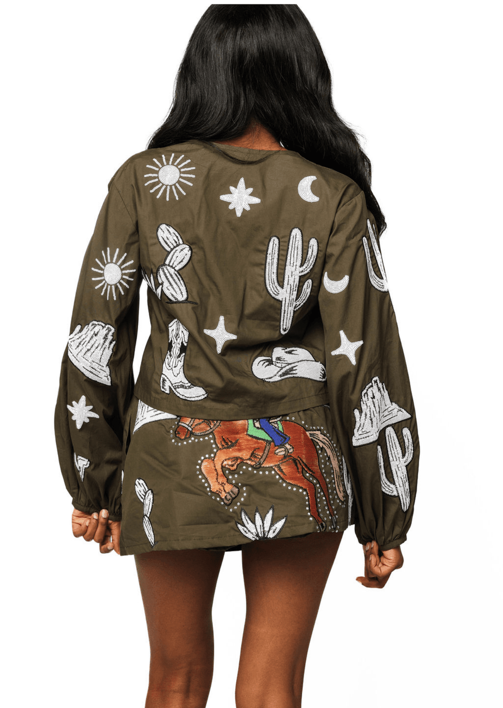 QOS Dark Green & Ivory Western Icon Bucking Cowgirl Skirt