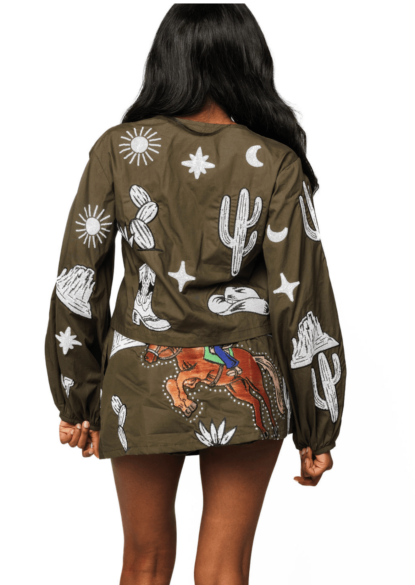 QOS Dark Green & Ivory Western Icon Tie Up Long Sleeve Top