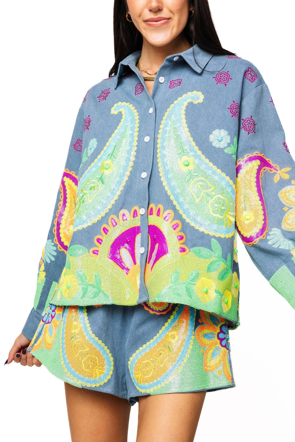 QOS Denim & Neon Paisley Print Button Up