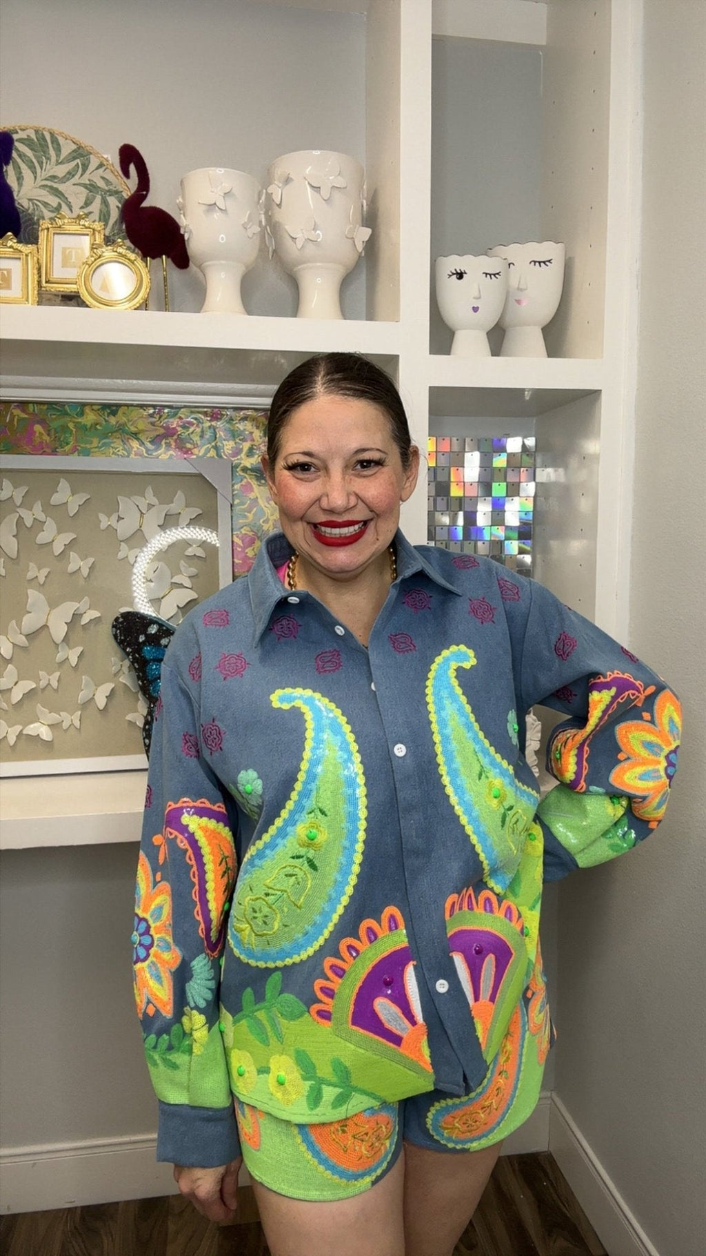 QOS Denim & Neon Paisley Print Button Up