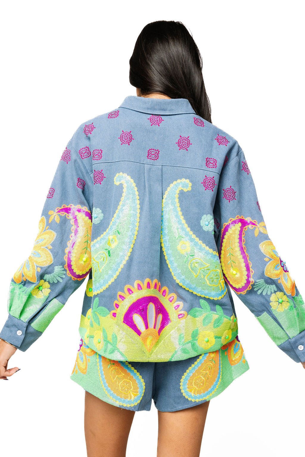 QOS Denim & Neon Paisley Print Button Up