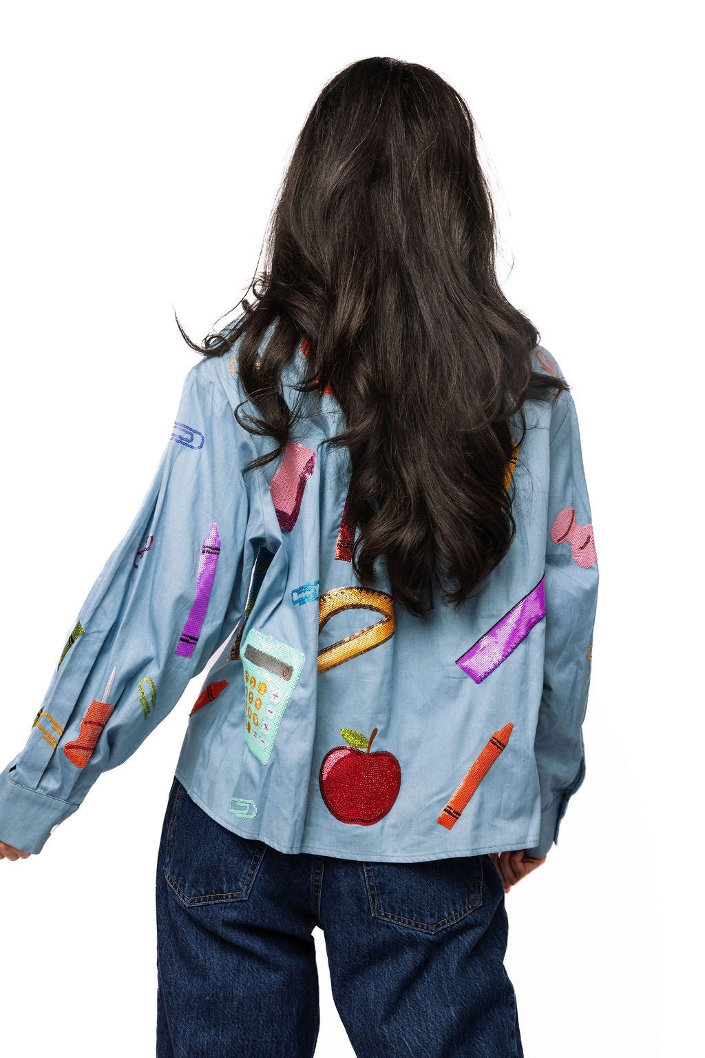 QOS Denim & Red Gingham Collar Teacher Icon Button Up Top