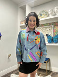 QOS Denim & Red Gingham Collar Teacher Icon Button Up Top