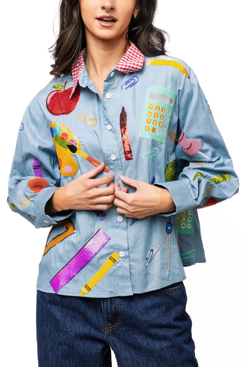QOS Denim & Red Gingham Collar Teacher Icon Button Up Top
