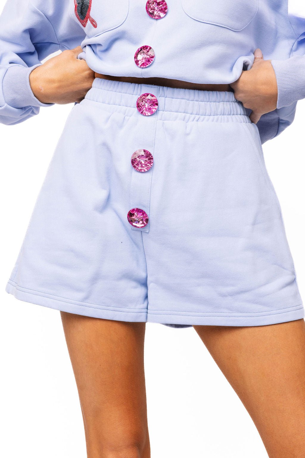 QOS Dusty Blue Henley Jewel Button Short