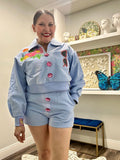 QOS Dusty Blue Jewel Button Flower & Sunglasses in Pocket Sweatshirt