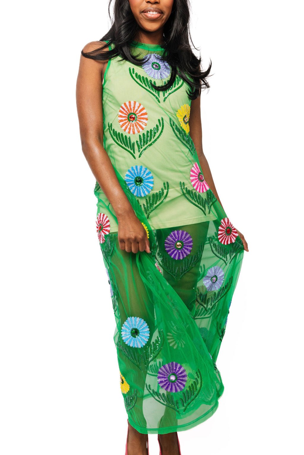 QOS Green Cinco Flowers Mesh Coverup Midi Dress