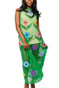 QOS Green Cinco Flowers Mesh Coverup Midi Dress