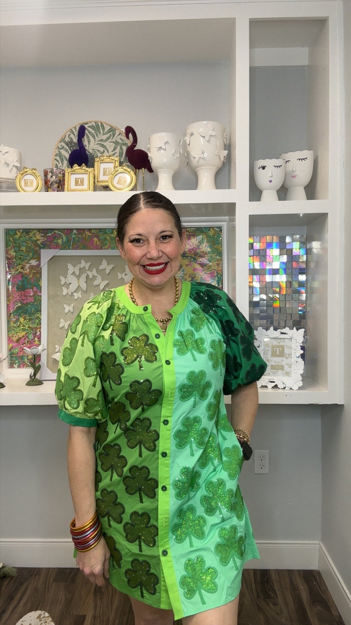 QOS Green Cotton Colorblock Rhinestone Shamrock Button Up Dress