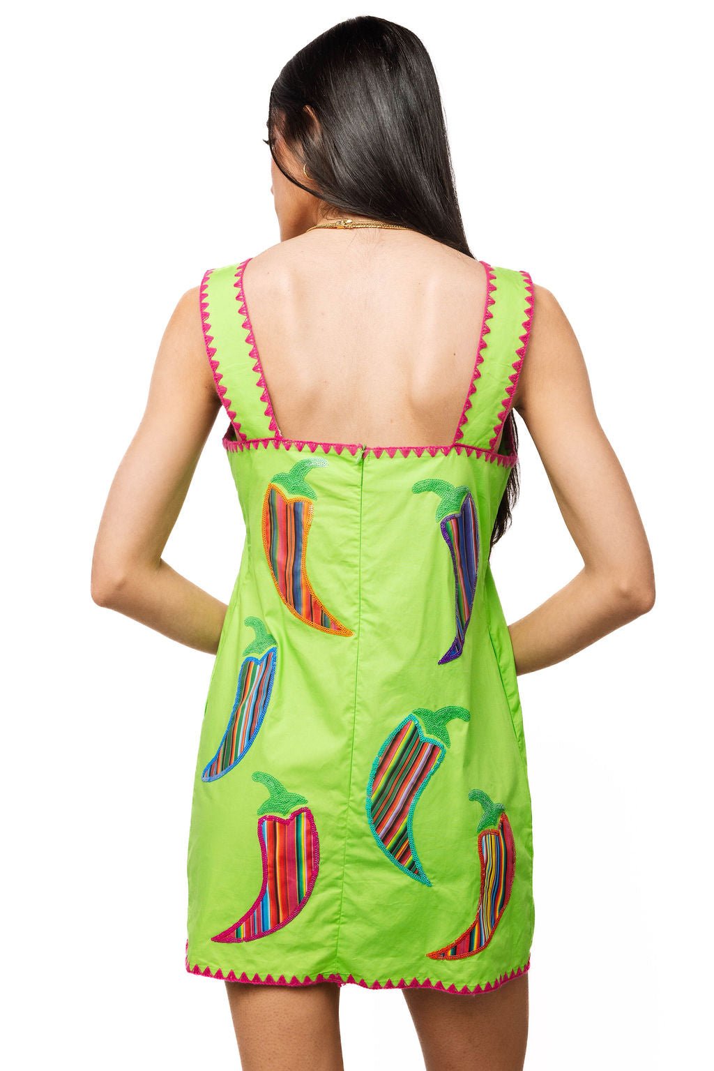 QOS Green & Pink Embroidered Trim Striped Chili Pepper Tank Dress