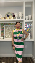 QOS Green & Pink Striped Hummingbird Knit Midi Dress
