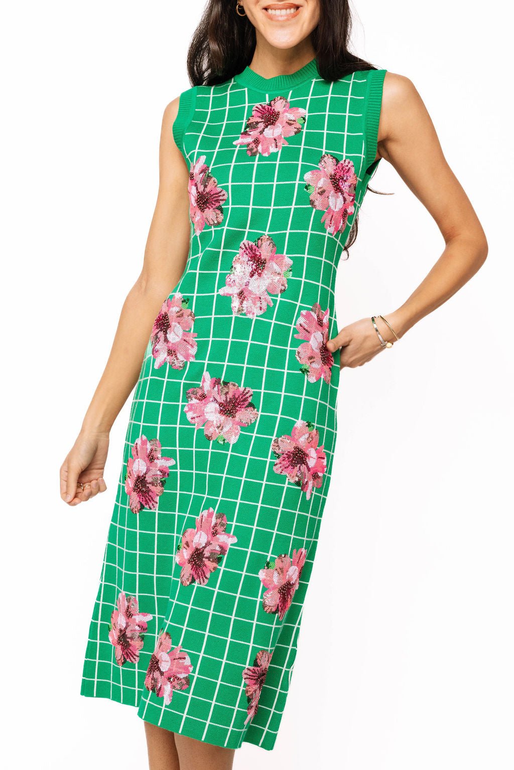 QOS Green & White Checkered Pink Azalea Knit Midi Dress