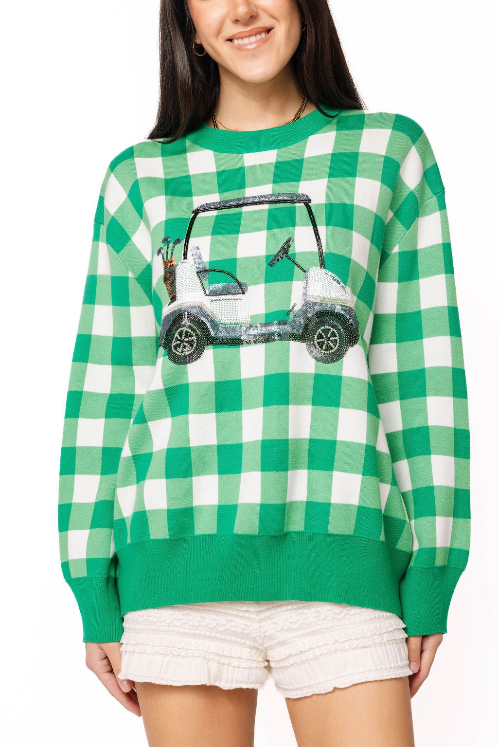QOS Green & White Checkered Golf Cart Sweater