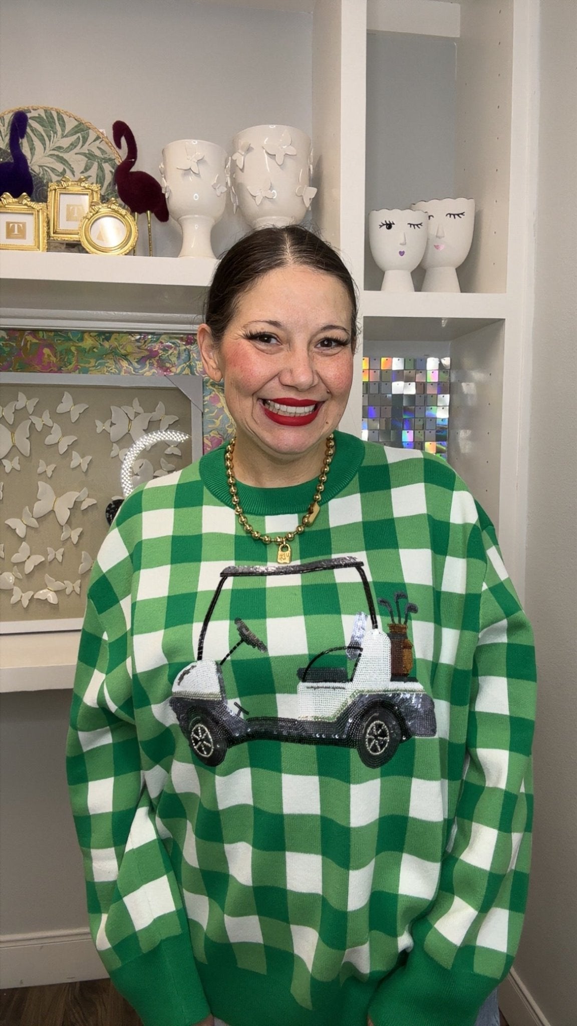 QOS Green & White Checkered Golf Cart Sweater
