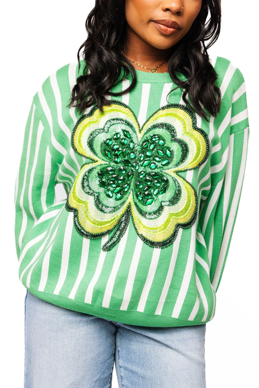 QOS Green & White Stripe Shamrock Sweater