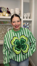 QOS Green & White Stripe Shamrock Sweater