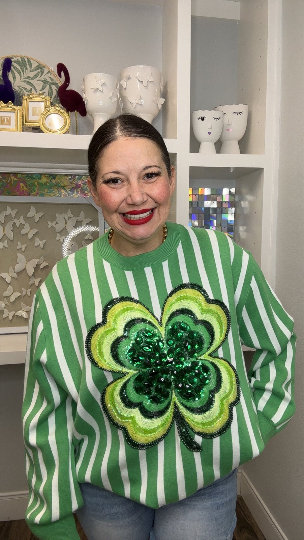 QOS Green & White Stripe Shamrock Sweater