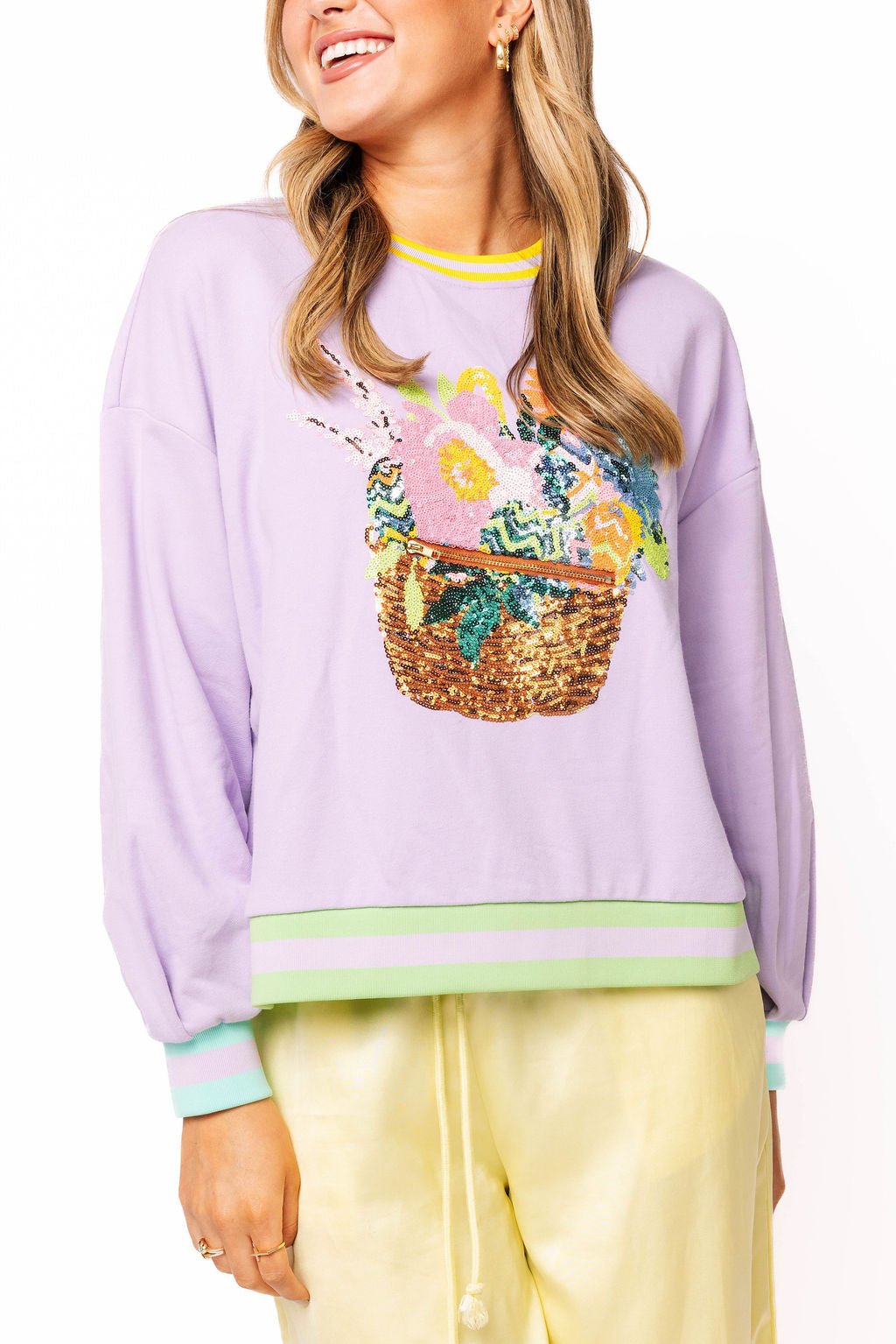QOS Lavender Easter Egg & Flower Basket Sweatshirt