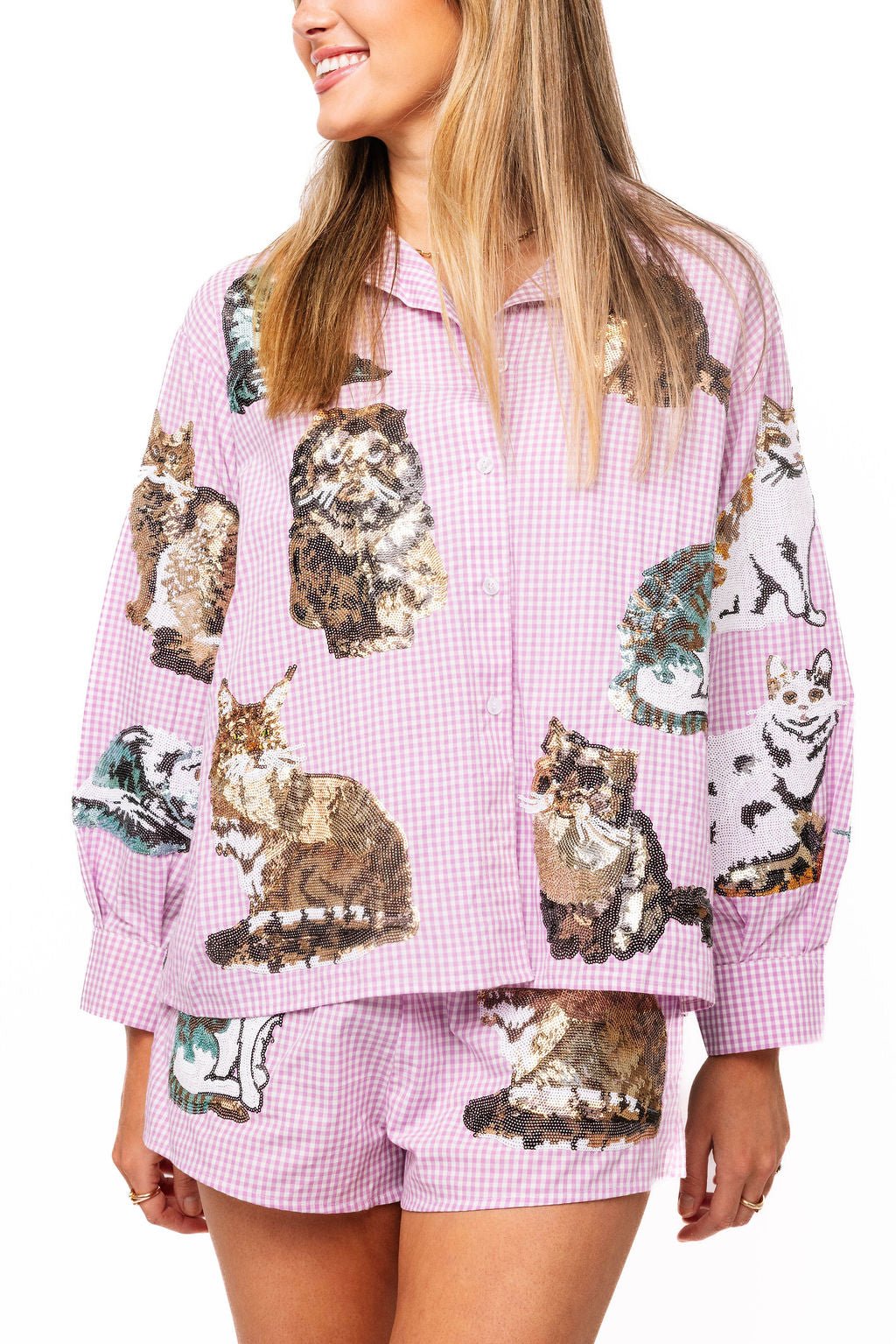 QOS Lavender Gingham Queen of Cats Button Up Long Sleeve Top