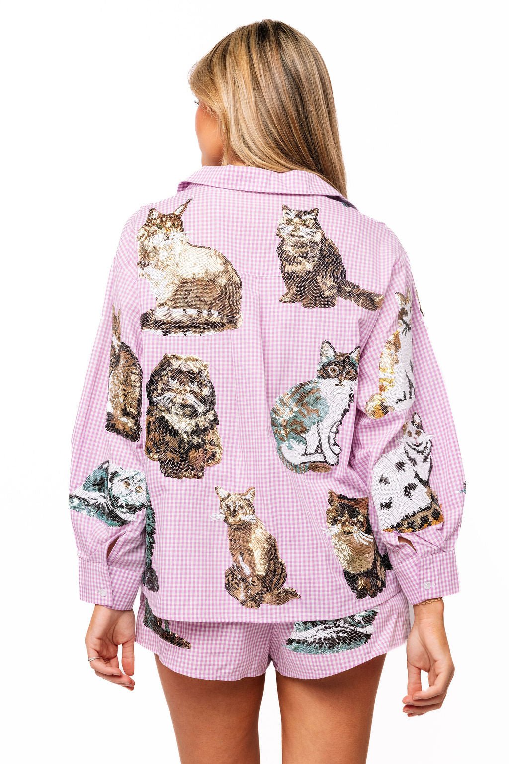 QOS Lavender Gingham Queen of Cats Button Up Long Sleeve Top