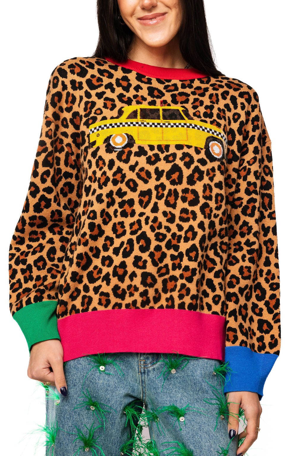 QOS Leopard Colorblock Trim Taxi Cab Sweater