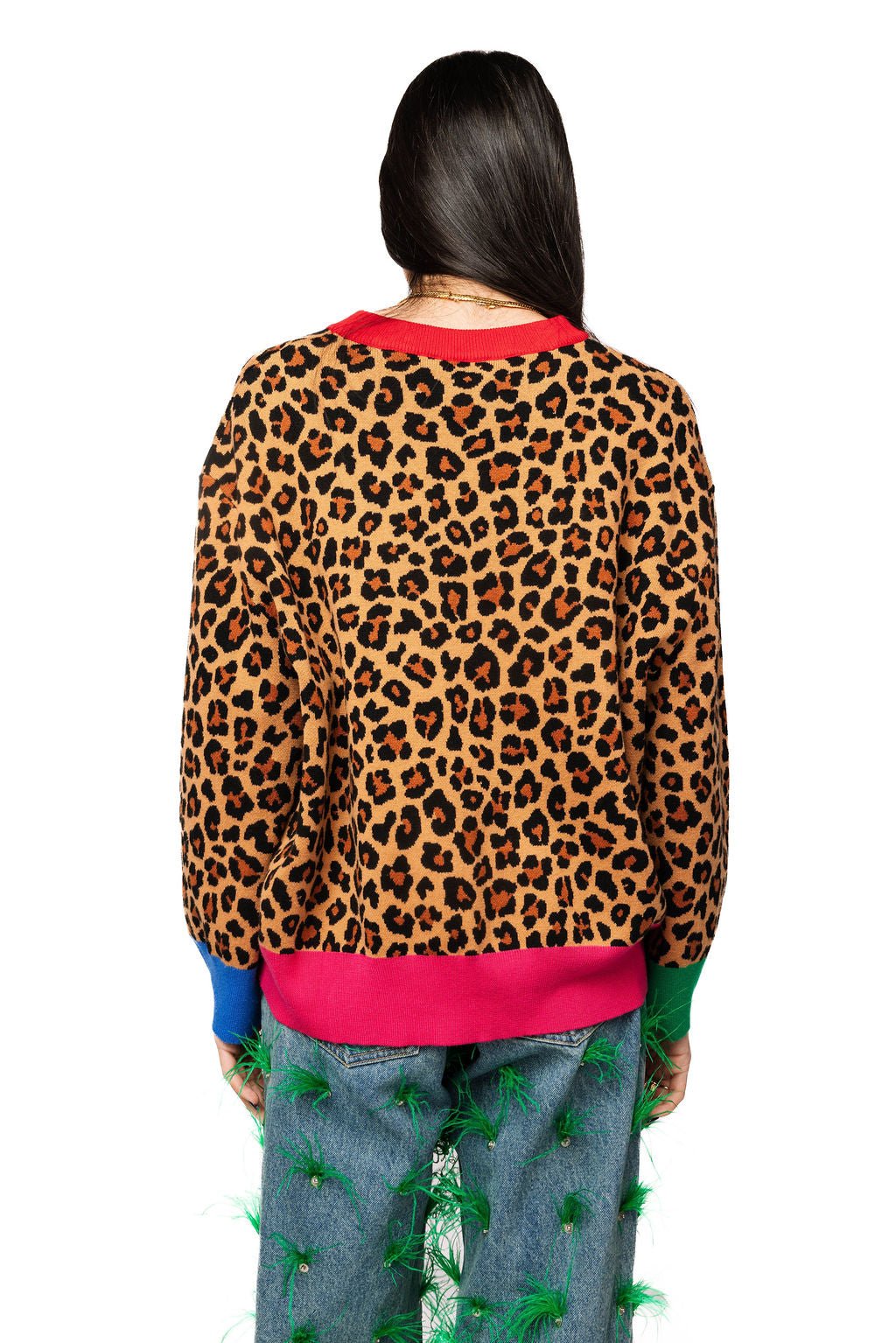 QOS Leopard Colorblock Trim Taxi Cab Sweater