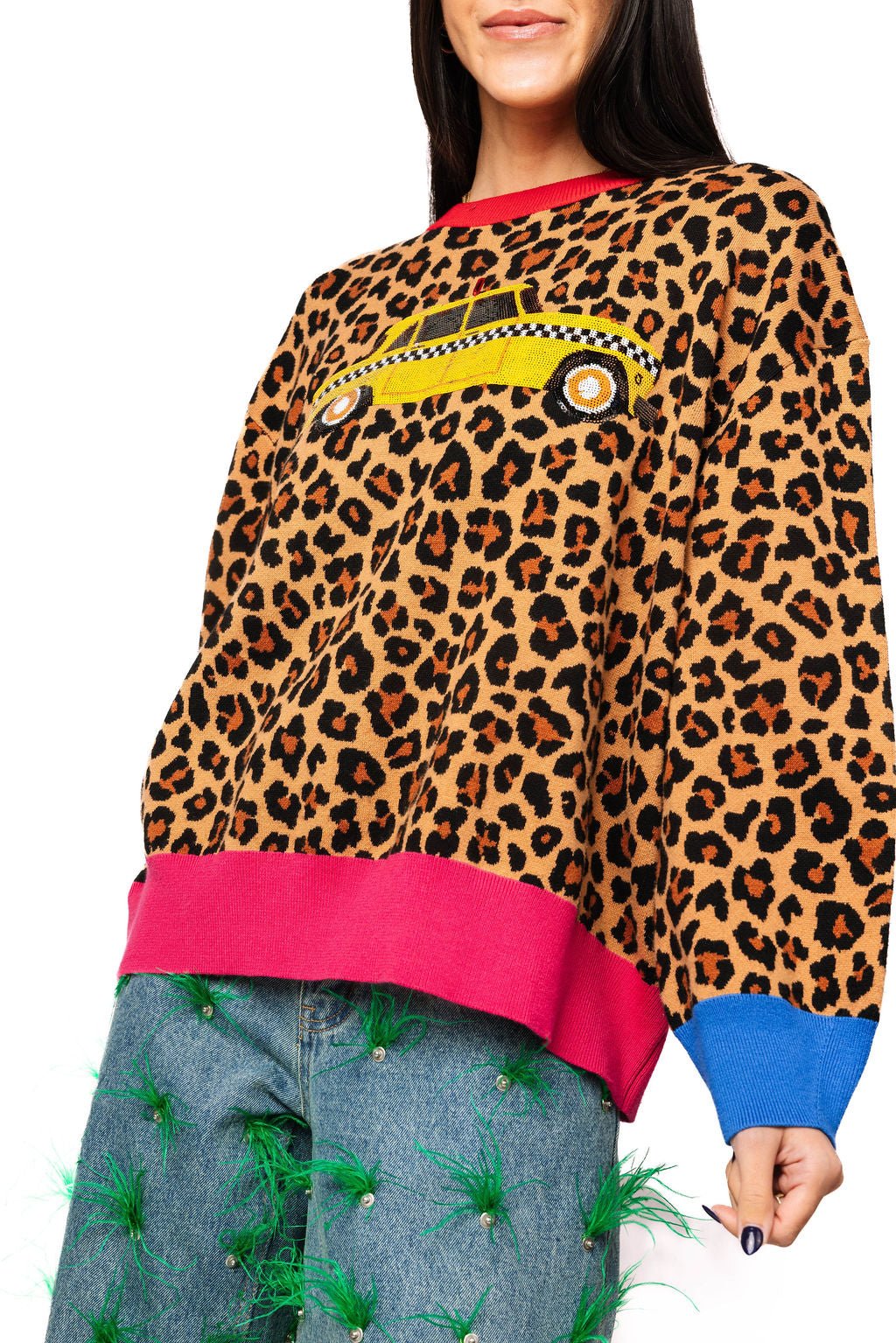 QOS Leopard Colorblock Trim Taxi Cab Sweater