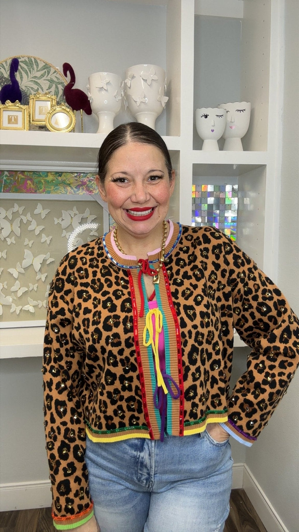 QOS Leopard Multi Tie Rhinestone Sweater