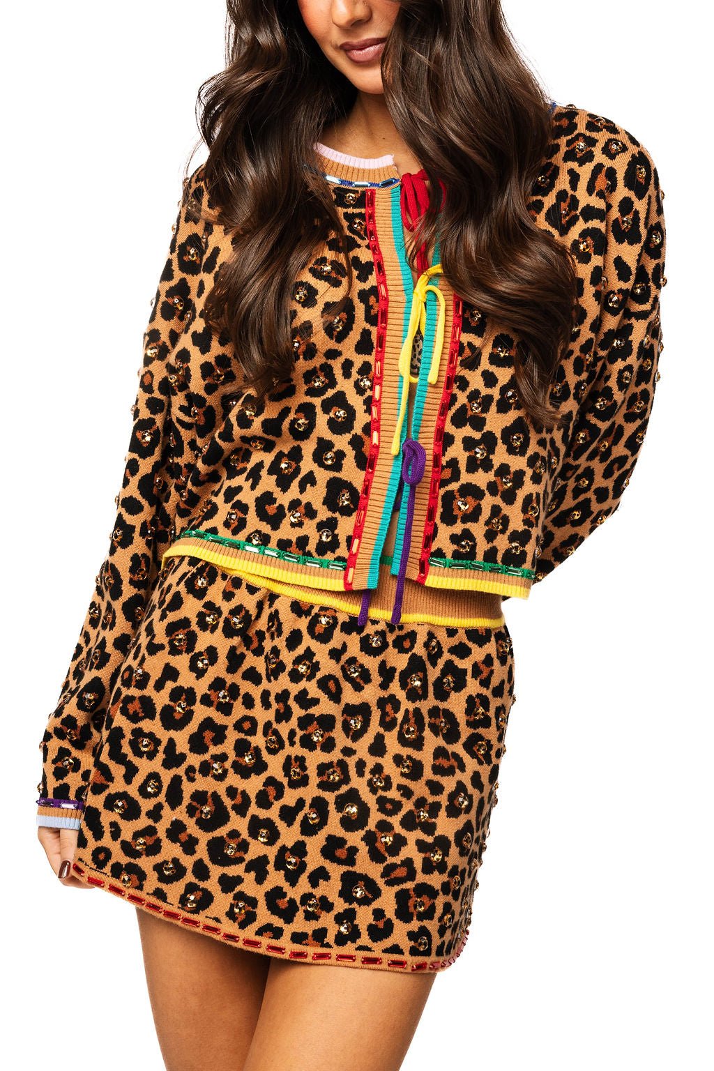 QOS Leopard Multi Tie Rhinestone Sweater