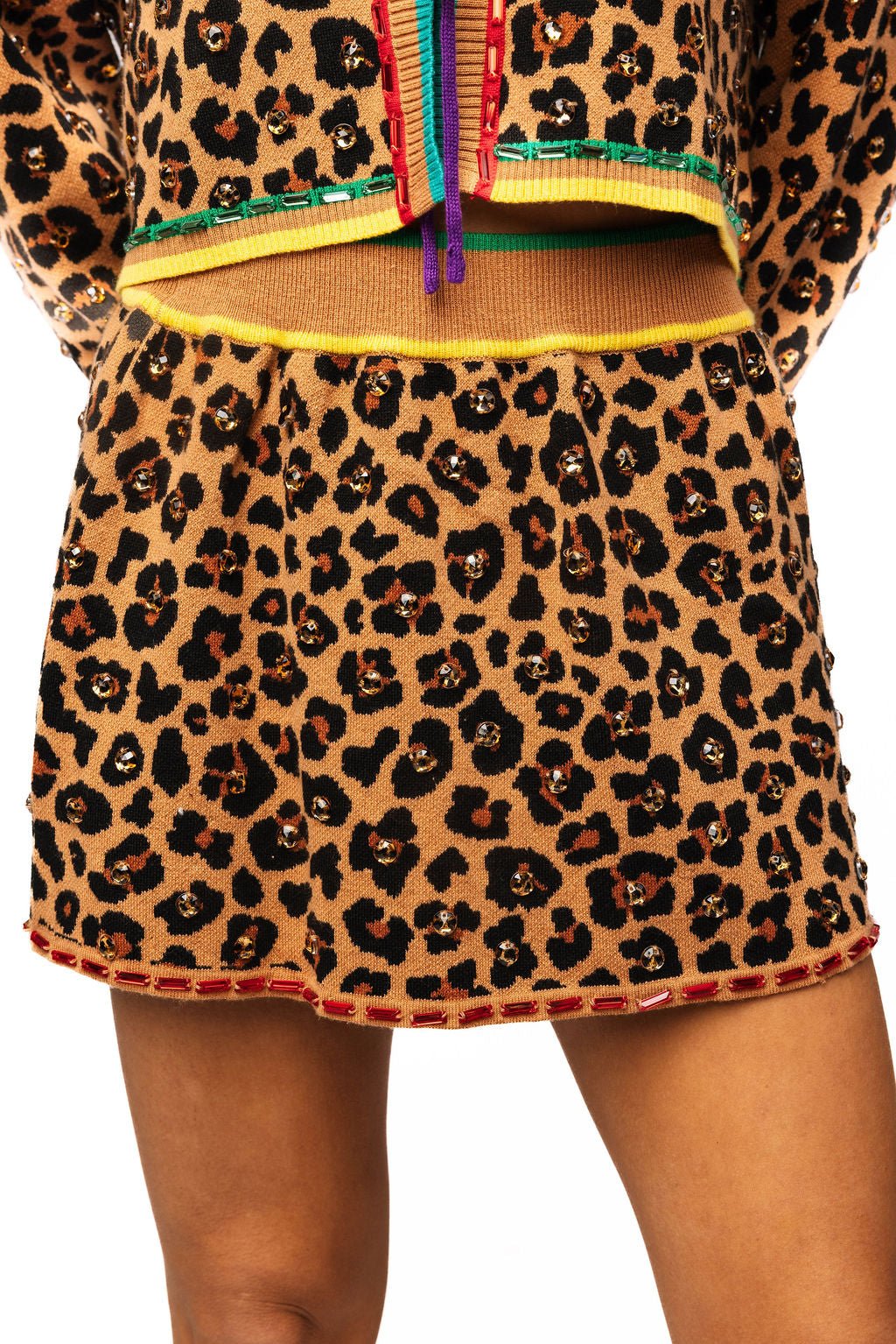 QOS Leopard Rhinestone Knit Skirt