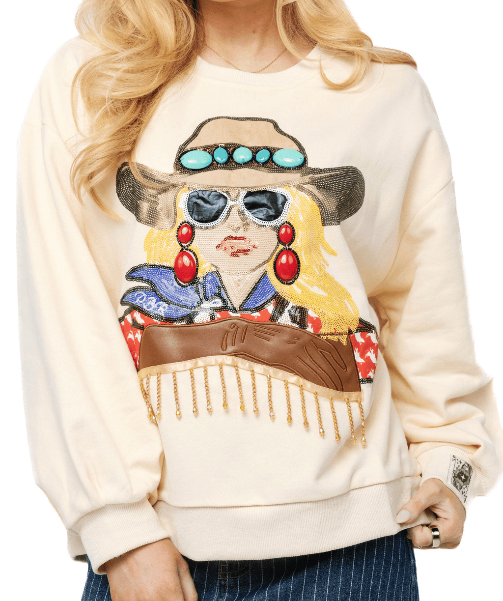QOS Licensed Cream PBR Bull Sleeve Cowgirl Sweatshirt