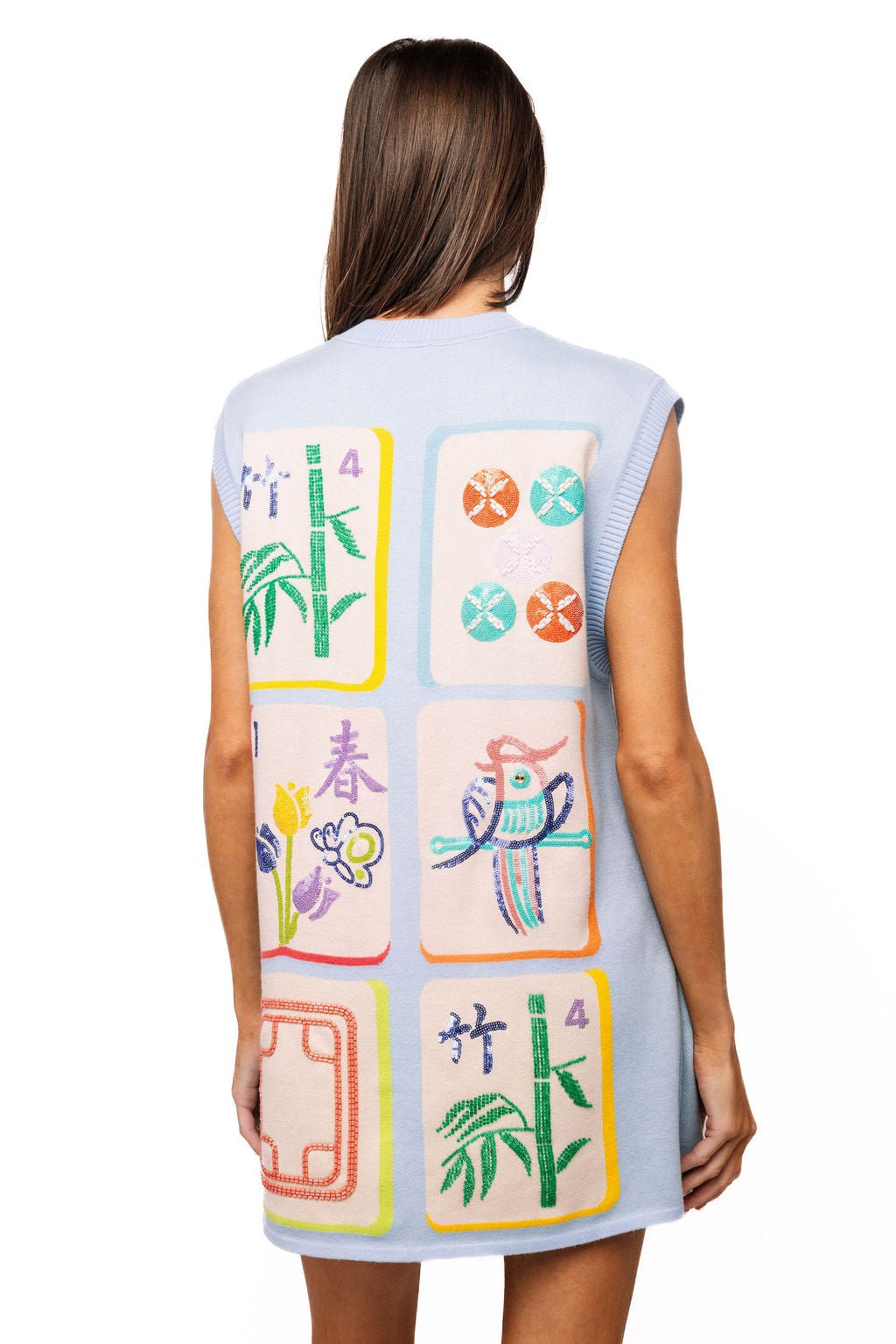 QOS Light Blue Knit Mahjong Tile Tank Dress