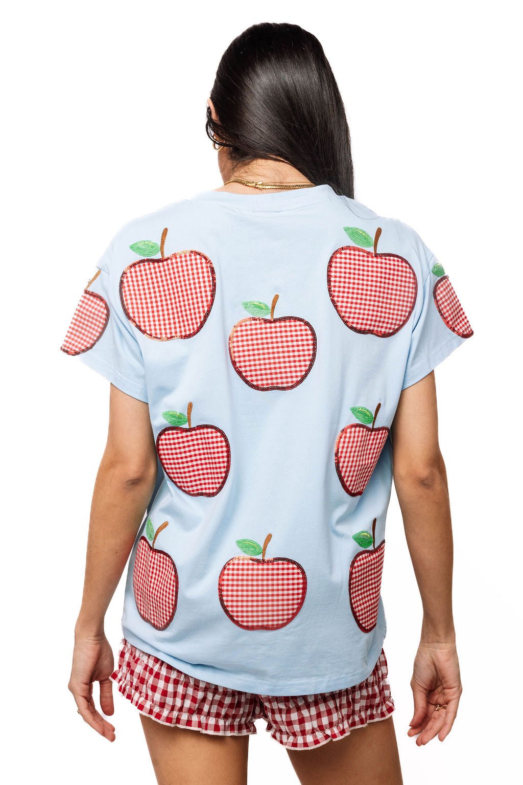 QOS Light Blue & Red Gingham Apple Tee