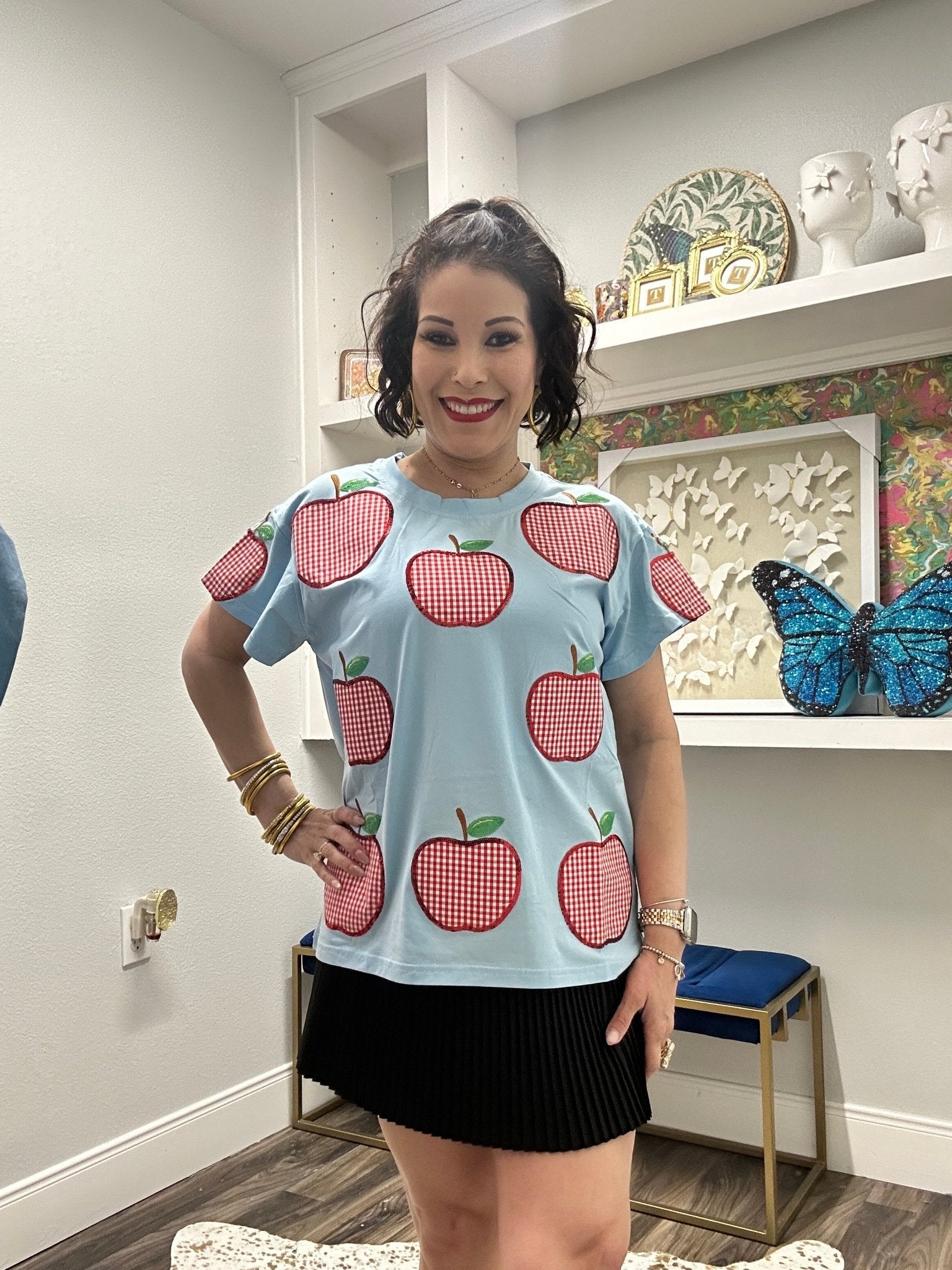 QOS Light Blue & Red Gingham Apple Tee