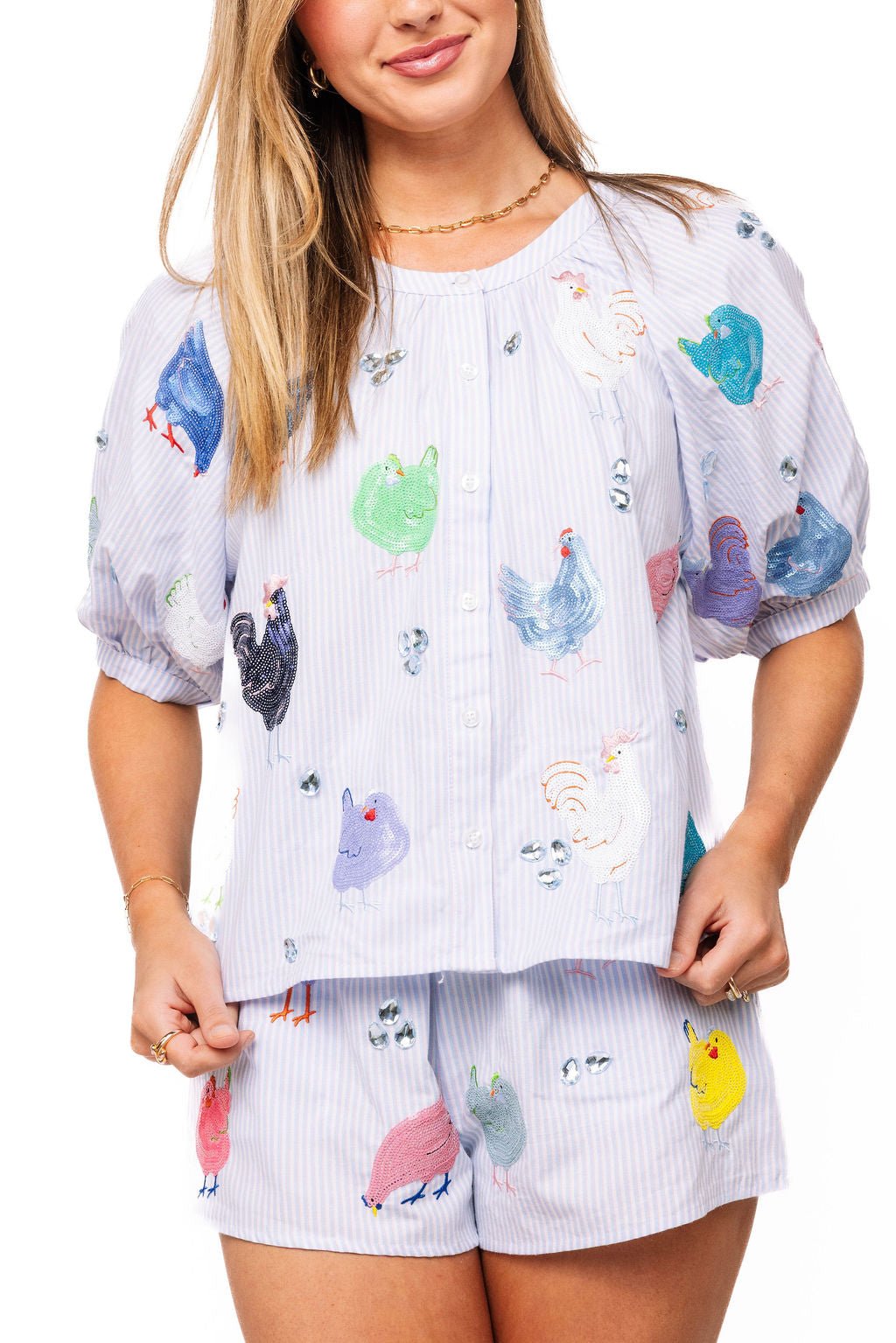 QOS Light Blue Stripe Multi Chicken Cotton Short