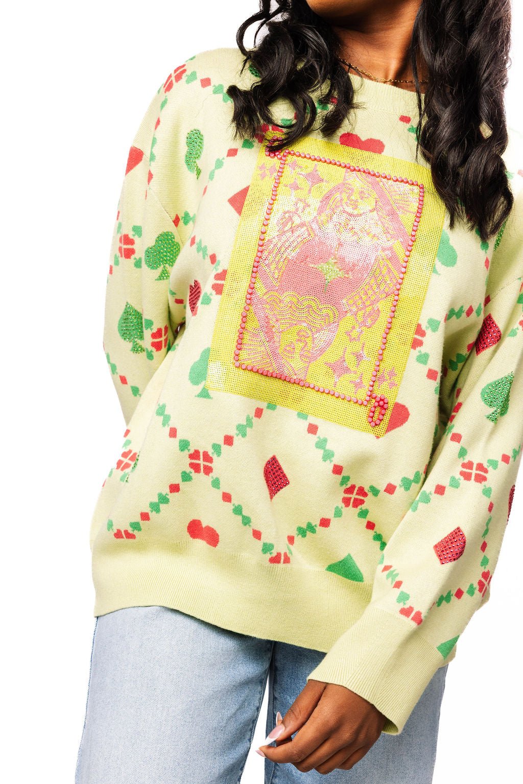 QOS Light Green Multi QOS Card Logo & Suit Sweater
