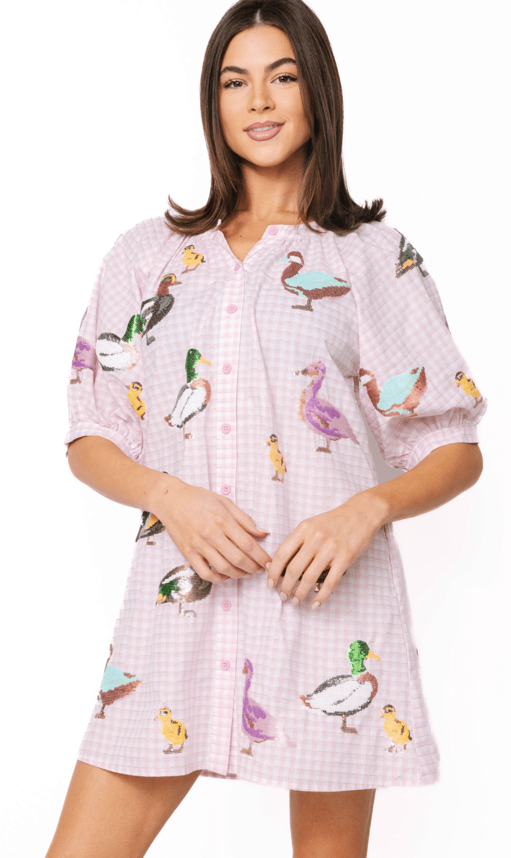 QOS Light Pink Gingham Scattered Duck Button Up Cotton Dress