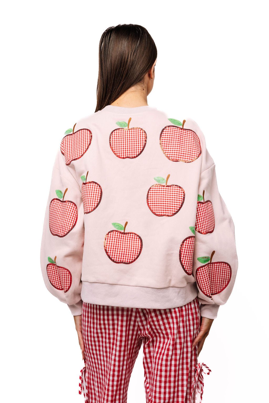 QOS Light Pink & Red Gingham Apple Sweatshirt