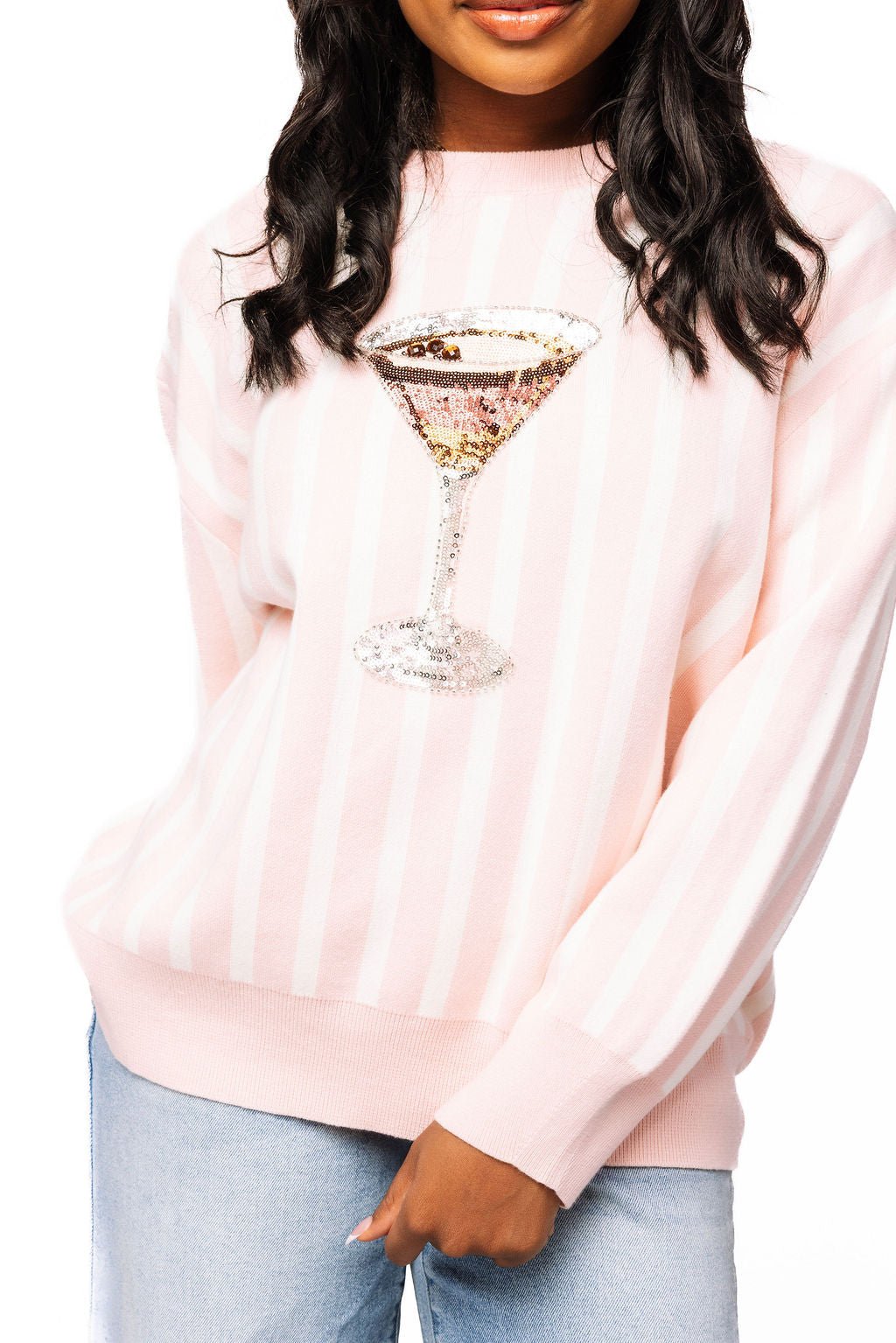 QOS Light Pink & White Stripe Espresso Martini Sweater