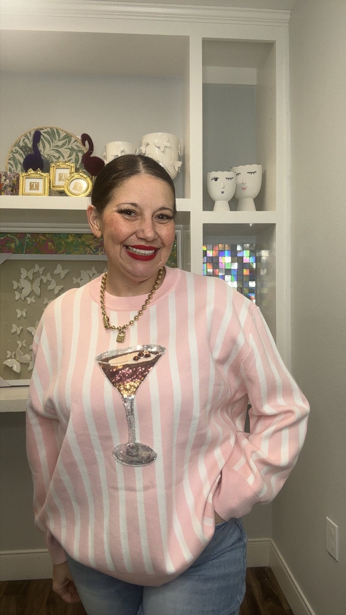 QOS Light Pink & White Stripe Espresso Martini Sweater