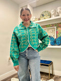 QOS Mint & Gold Horse Bit Button Up Knit Collar Sweater