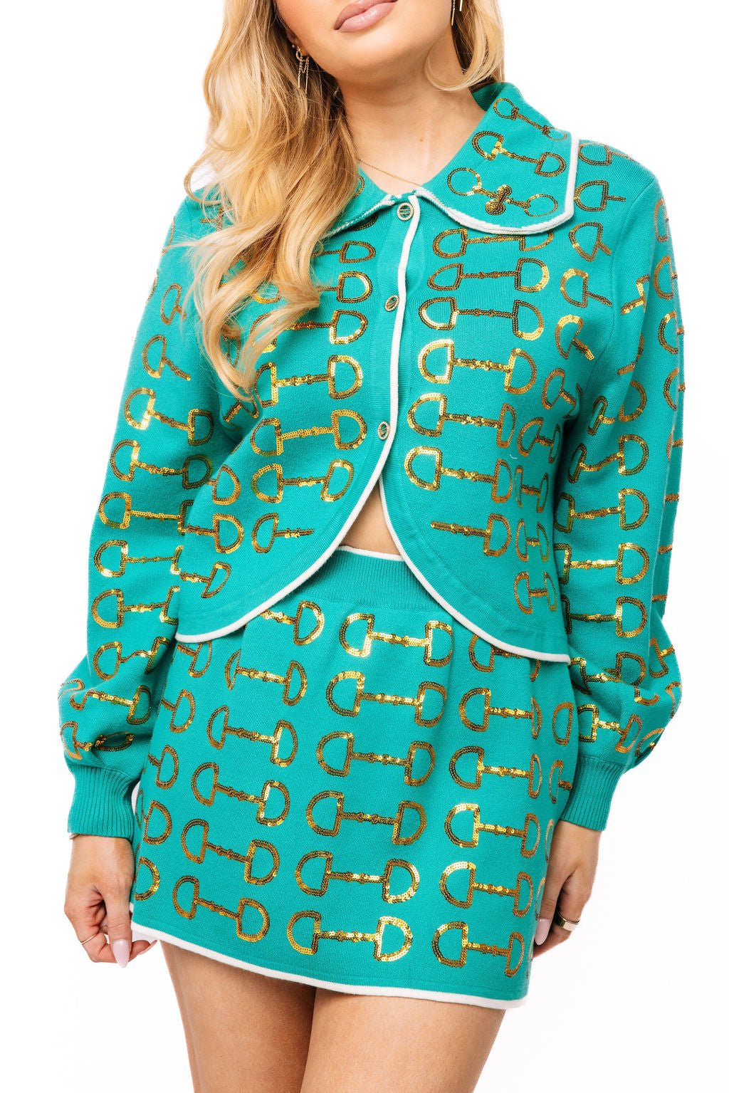 QOS Mint & Gold Horse Bit Button Up Knit Collar Sweater