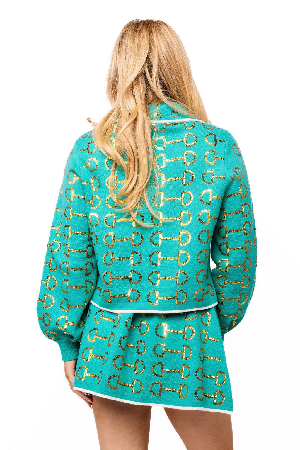 QOS Mint & Gold Horse Bit Button Up Knit Collar Sweater