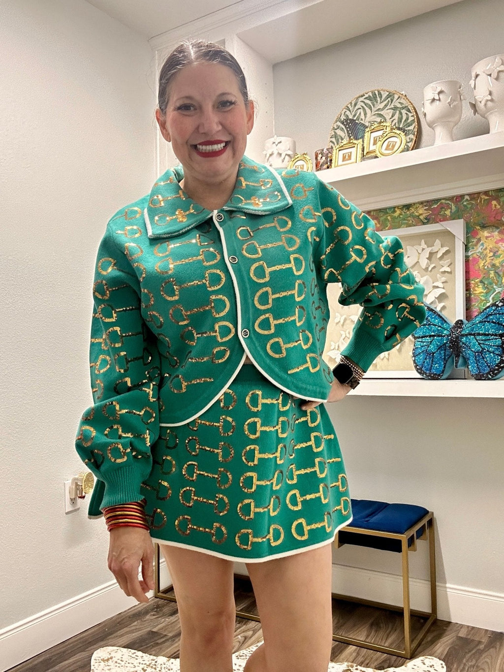 QOS Mint & Gold Horse Knit Skirt