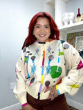 QOS Multi Argyle Golf Icon Rainbow Trim Button Up Cardigan