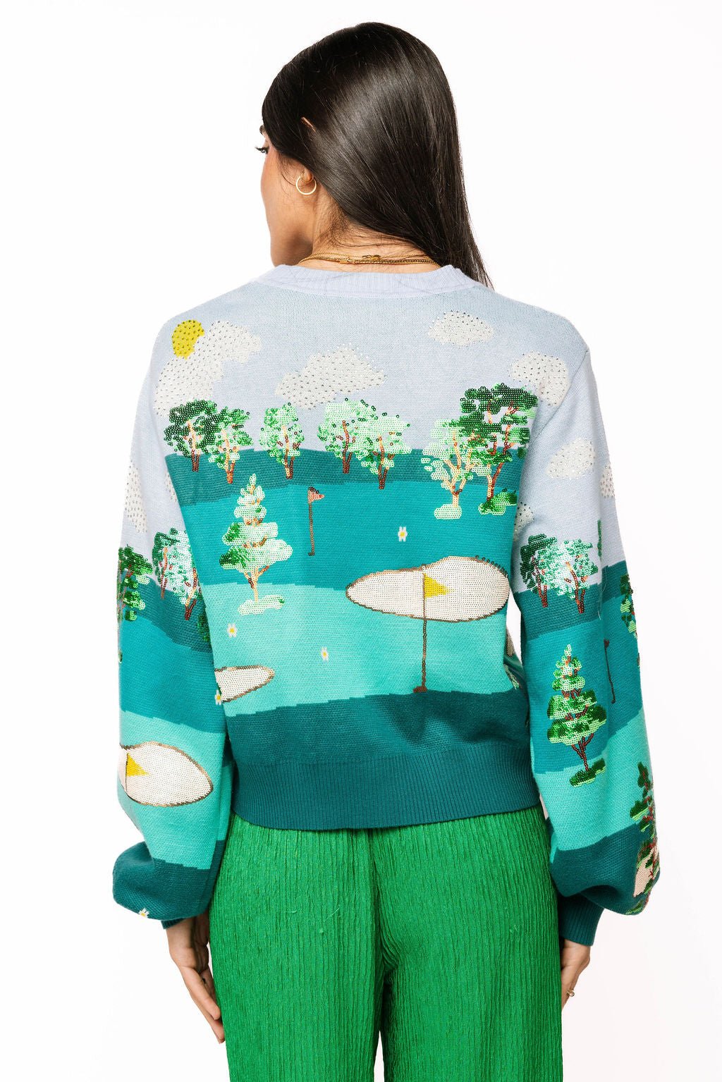 QOS Multi Golf Course Scene Button Up Cardigan